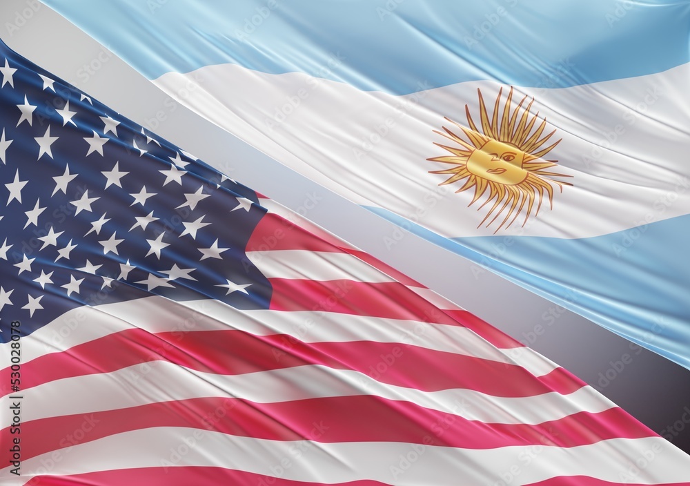 Obraz premium Abstract United States Flag, next to Argentina Flag 3D Render(3D Artwork)