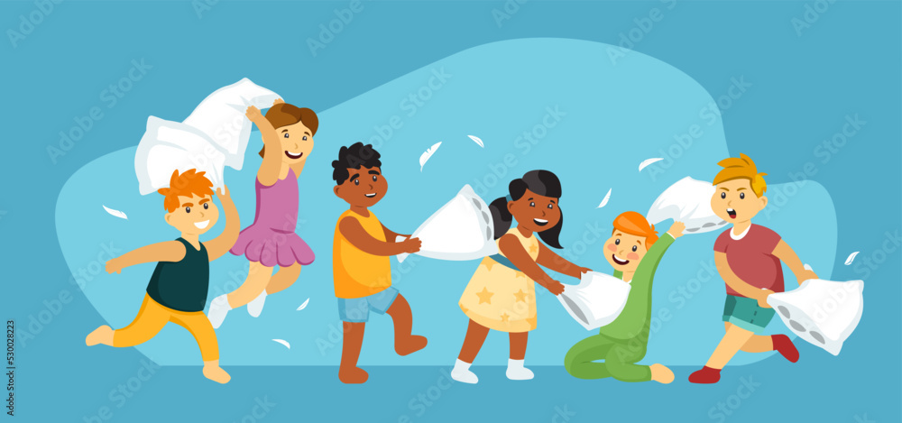 pillow battles. little kids in kindergarten fights with pillows jumping and running together. Vector cartoon male and female characters