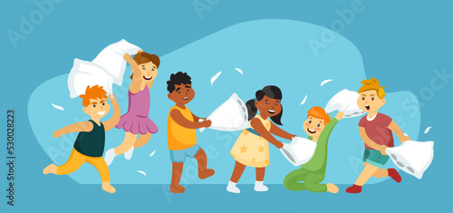 pillow battles. little kids in kindergarten fights with pillows jumping and running together. Vector cartoon male and female characters