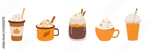 Set of different autumn and winter drinks vector illustration. Mug with cappucino, pumpkin latte, hot chocolate, cacao, smoothie.  Cartoon icons in hand drawn style.