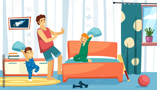 family playing with pillows. sisters and brothers fights with pillow and jumping on bed. home kids attraction vector cartoon backgrouund