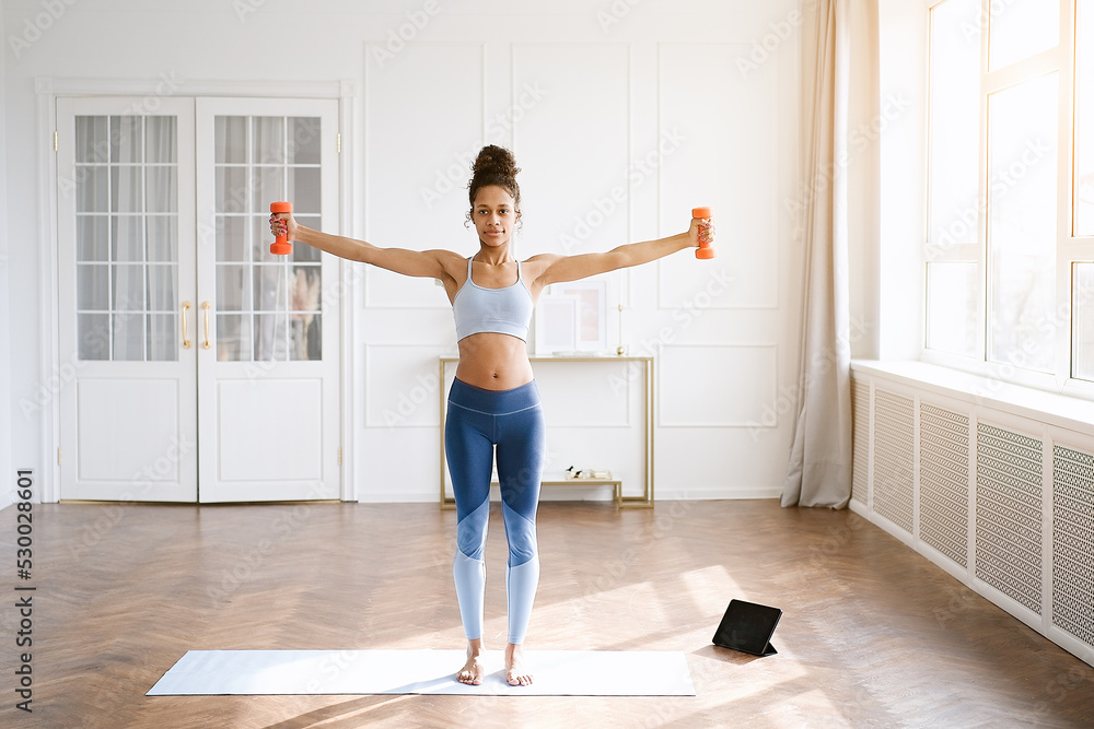 Home Sport. African american woman atching online tutorials on laptop and training on yoga mat in living room. Young girl exercising with dumbbells and enjoying fitness and healthy lifestyle. Home Sport. African american woman atching online tutorials on laptop and training on yoga mat in living room. Young girl exercising with dumbbells and enjoying fitness and healthy lifestyle.