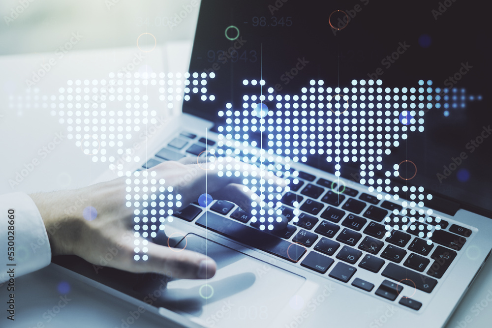 Naklejka premium Multi exposure of abstract graphic world map and hands typing on computer keyboard on background, big data and networking concept