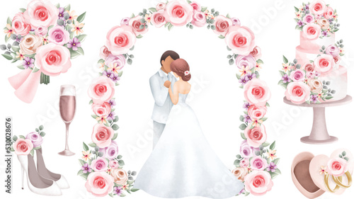 Watercolor Illustration set of vintage wedding elements