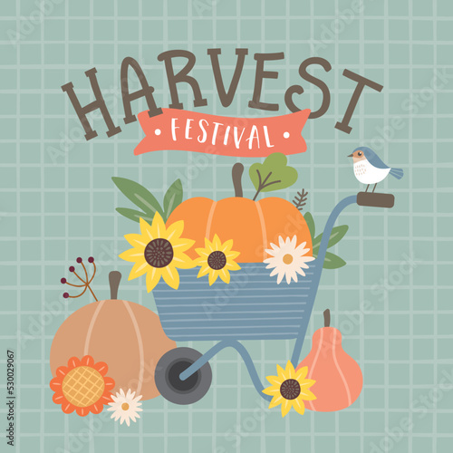 Harvest Festival - hand drawn lettering phrase and autumn harvest symbols. Harvest fest poster design. Template for postcard or invitation card, poster, banner. Vector illustration.