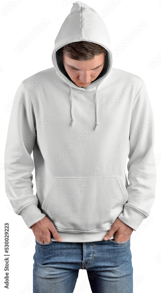 Mockup white hoodie on a guy in jeans, png, stylish sweatshirt with a hood, isolated. Mockup white hoodie on a guy in jeans, png, stylish sweatshirt with a hood, isolated.
