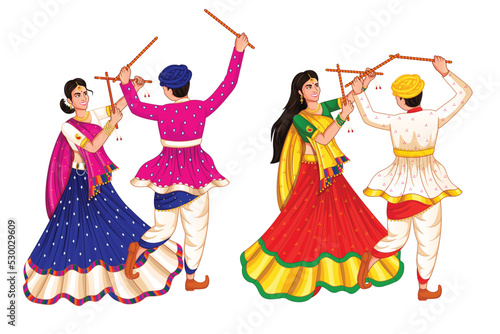 Dancing Dandiya couple at Navratri, Happy Durga Puja and Dussehra