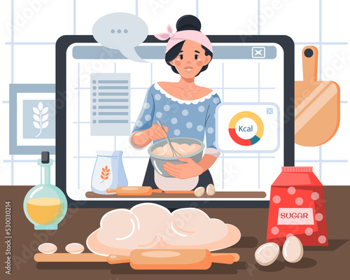Housewife woman (blogger) cooks food in the kitchen live. Vector illustration