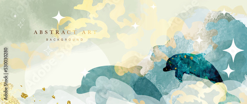 Luxury watercolor ocean background vector. Elegant abstract wallpaper design with sparkle shapes, stars, sea waves, group of dolphins. Golden painting illustration for wall art , print, decorative.