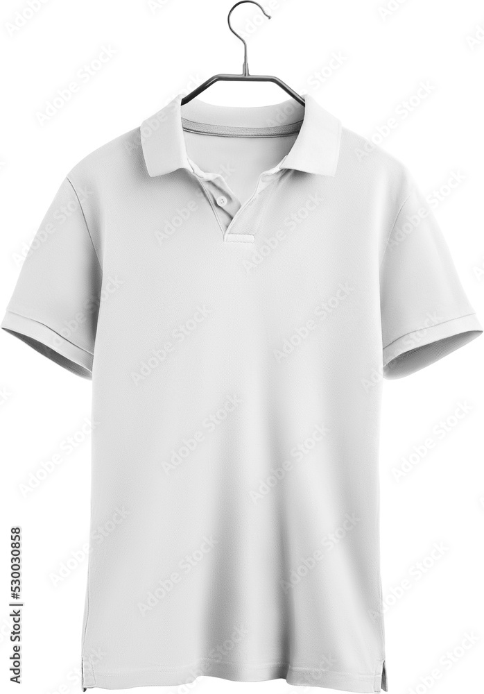 White polo mockup, png, mens t-shirt on a hanger, isolated. White polo mockup, png, mens t-shirt on a hanger, isolated.