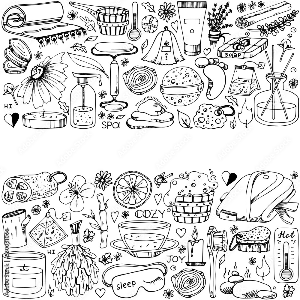 Sauna accessories sketches. Hand drawn doodle spa items collection. Vector outline object