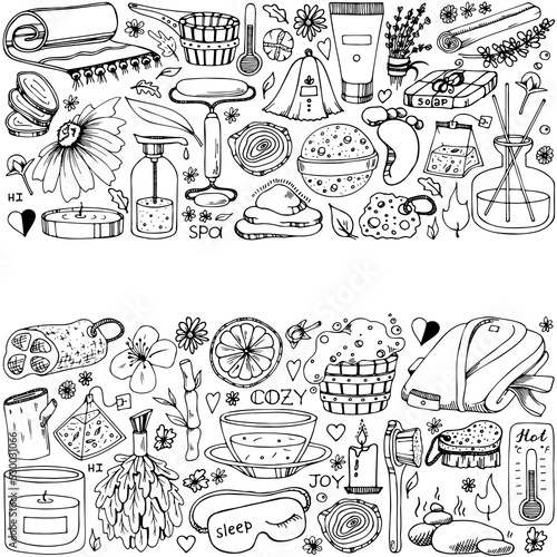 Sauna accessories sketches. Hand drawn doodle spa items collection. Vector outline object