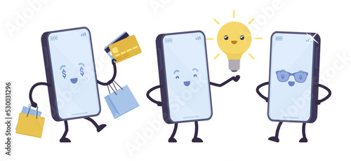 Smartphone cartoon character set, flashlight, purchase online. Mobile commerce, paying bills, buying, lightbulb notification, latest model modern new accessory. Vector flat style illustration