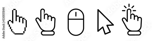 Hand pointer cursor mouse icon set. Computer mouse click cursor. Click, tap, swipe, slide , hand signs. Black finger touch screen symbol. Mouse click cursor collection. Vector illustration