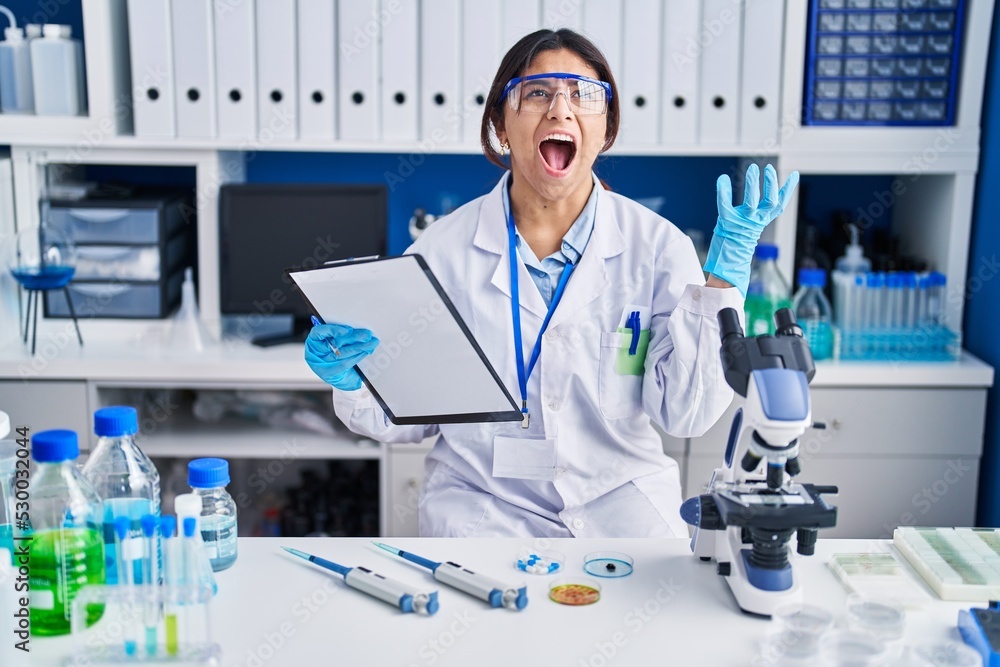 Hispanic young woman working at scientist laboratory crazy and mad shouting and yelling with aggressive expression and arms raised. frustration concept.