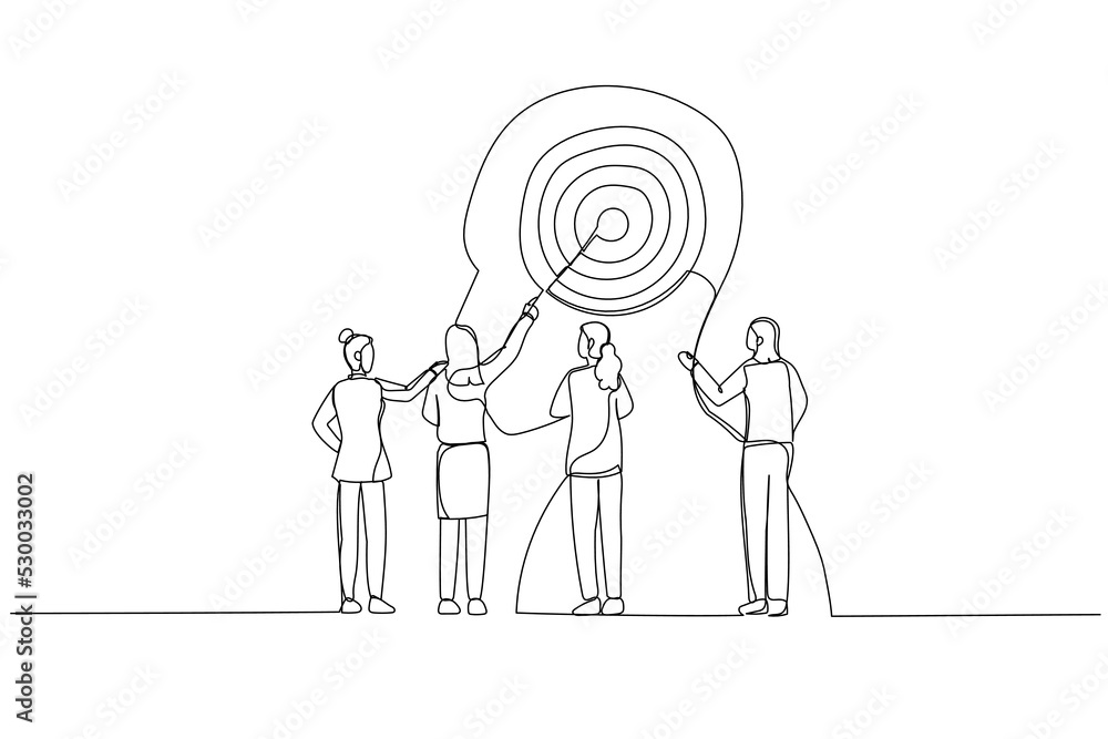 Illustration of business woman target customer and develop marketing strategy. Metaphor for data analysis. Single continuous line art style
