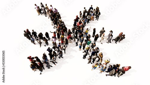 Concept or conceptual large gathering of people forming pisces zodiac sign on white background. A 3d illustration symbol for esoteric, the mystic, the power of prediction of astrology