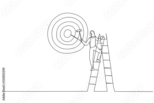 Cartoon of ambitious businesswoman on ladder using paint roller to paint big dartboard, archery target. One continuous line art style