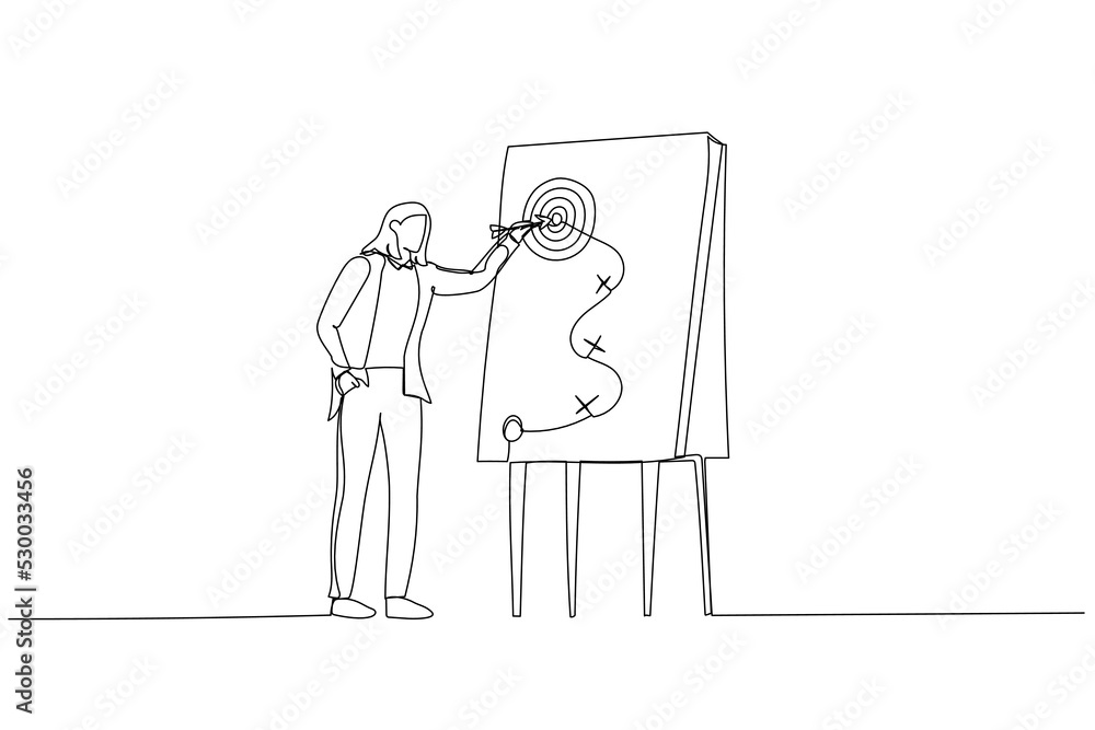Illustration of smart businesswoman presenting business winning strategy on whiteboard. Metaphor for business strategy planning. Single line art style Illustration of smart businesswoman presenting business winning strategy on whiteboard. Metaphor for business strategy planning. Single line art style