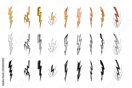 Black and yellow thunder sign and lightning bolt icons set on white background