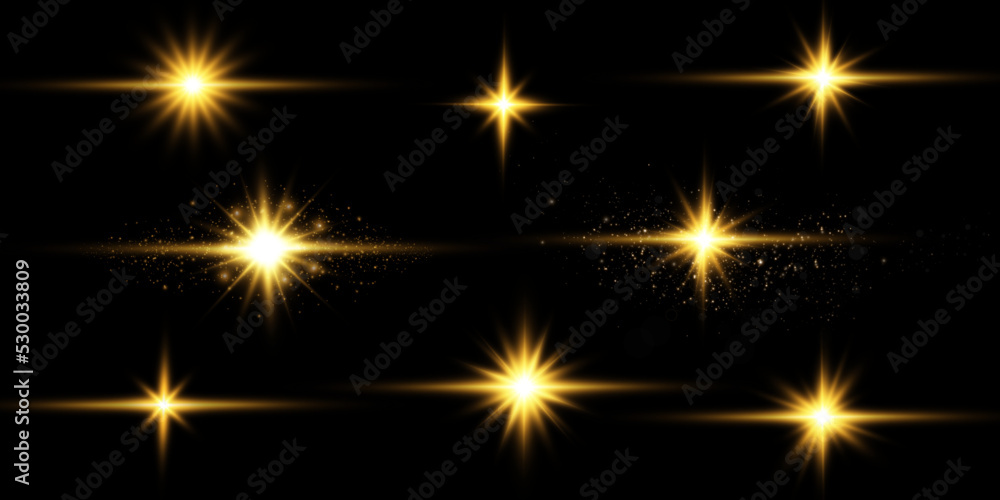 Collection of various glowing stars. A set of glare from a sunbeam. Flashes of light. Glow effect, sparks, radiance, shine. Vector illustration on a black background.