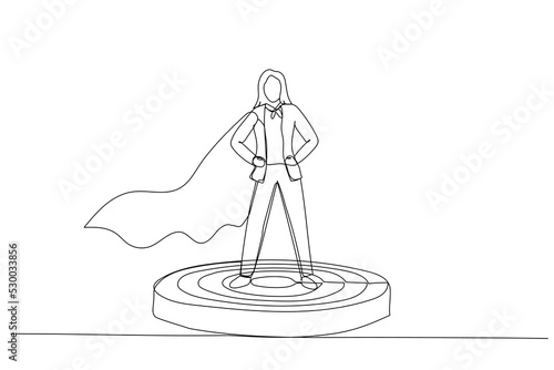 Illustration of businesswoman superhero leader on podium, standing proud and strong. Metaphor for business womanagement and boss. Single line art style