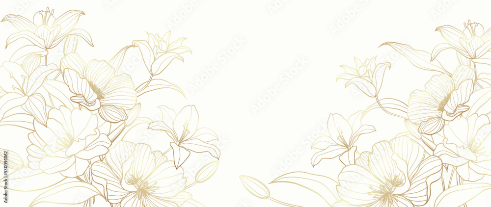 Fototapeta premium Luxury floral botanical on white background vector. Elegant gold line wallpaper lily, flowers, leaves, foliage, branches in hand drawn. Golden blossom frame design for wedding, invitation.