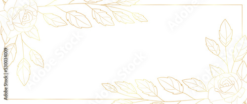 Luxury floral botanical on white background vector. Elegant gold line wallpaper with rose flowers, leaves, foliage, branches in gold hand drawn. Golden roses frame design for wedding, invitation.