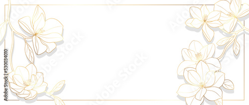 Luxury floral botanical on white background vector. Elegant gold line wallpaper with magnolia flowers, leaves, foliage, branches in hand drawn. Golden magnolia frame design for wedding, invitation.