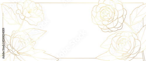 Luxury floral botanical on white background vector. Elegant gold line wallpaper with rose flowers, leaves, foliage, branches in gold hand drawn. Golden roses frame design for wedding, invitation.