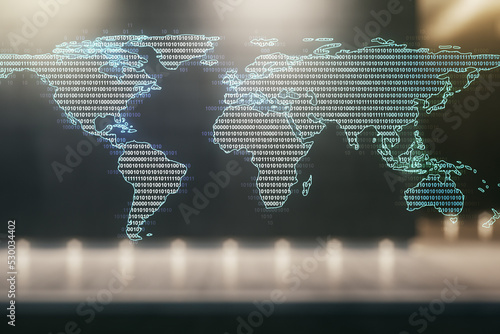 Abstract creative digital world map on blurry contemporary office building background, globalization concept. Multiexposure