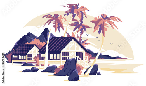 wooden cottage on a tropical beach with palm trees at sunset. Vector flat illustration. Exotic vacation concept.