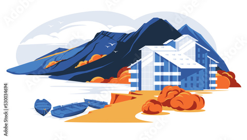 mountain resort housing among the autumn rocks. Seasonal tourism and recreation near a mountain river, fishing, boat trips. Vector flat illustration.
