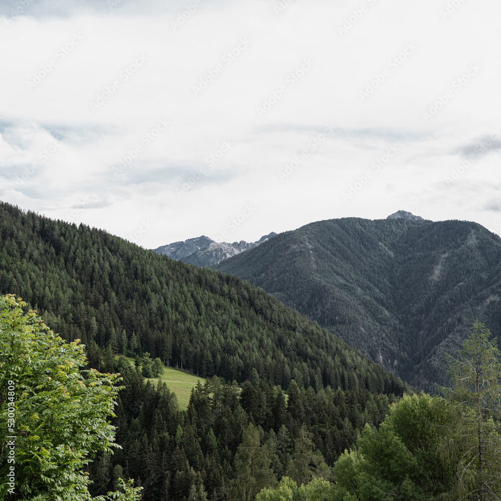 Fototapeta premium Picturesque view of mountain hill, forest, sky and clouds. Scenic nature landscape. Summer vacation travel