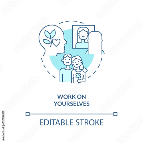 Work on yourselves turquoise concept icon. How to save relationship abstract idea thin line illustration. Self talk. Isolated outline drawing. Editable stroke. Arial, Myriad Pro-Bold fonts used