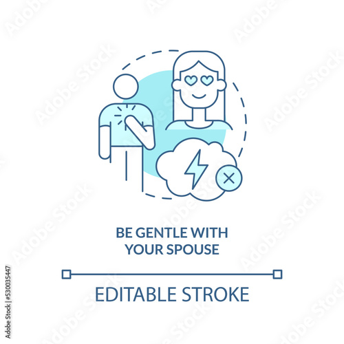 Be gentle with spouse turquoise concept icon. Solving marital problems abstract idea thin line illustration. Isolated outline drawing. Editable stroke. Arial, Myriad Pro-Bold fonts used