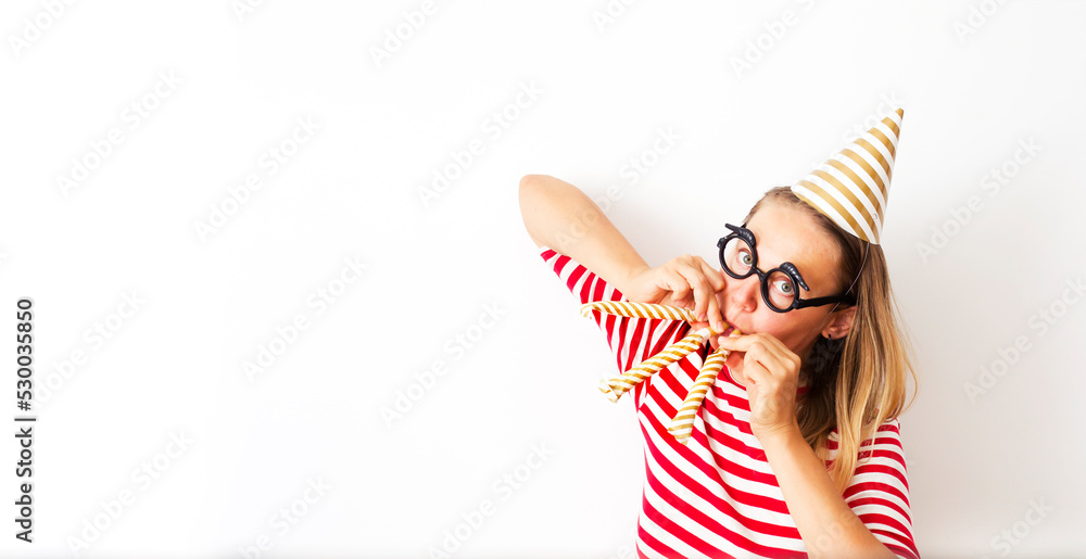 happy birthday background with cheerful woman with birthday decorations
