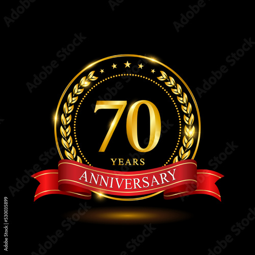 70 Years Anniversary template design, with shiny ring and red ribbon, laurel wreath isolated on black background, logo vector