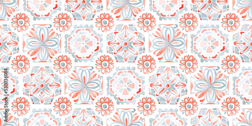 Seamless watercolor pattern. Ornament is drawn with paints on paper. Print for home decor. Gray, orange and white colors. Handmade.