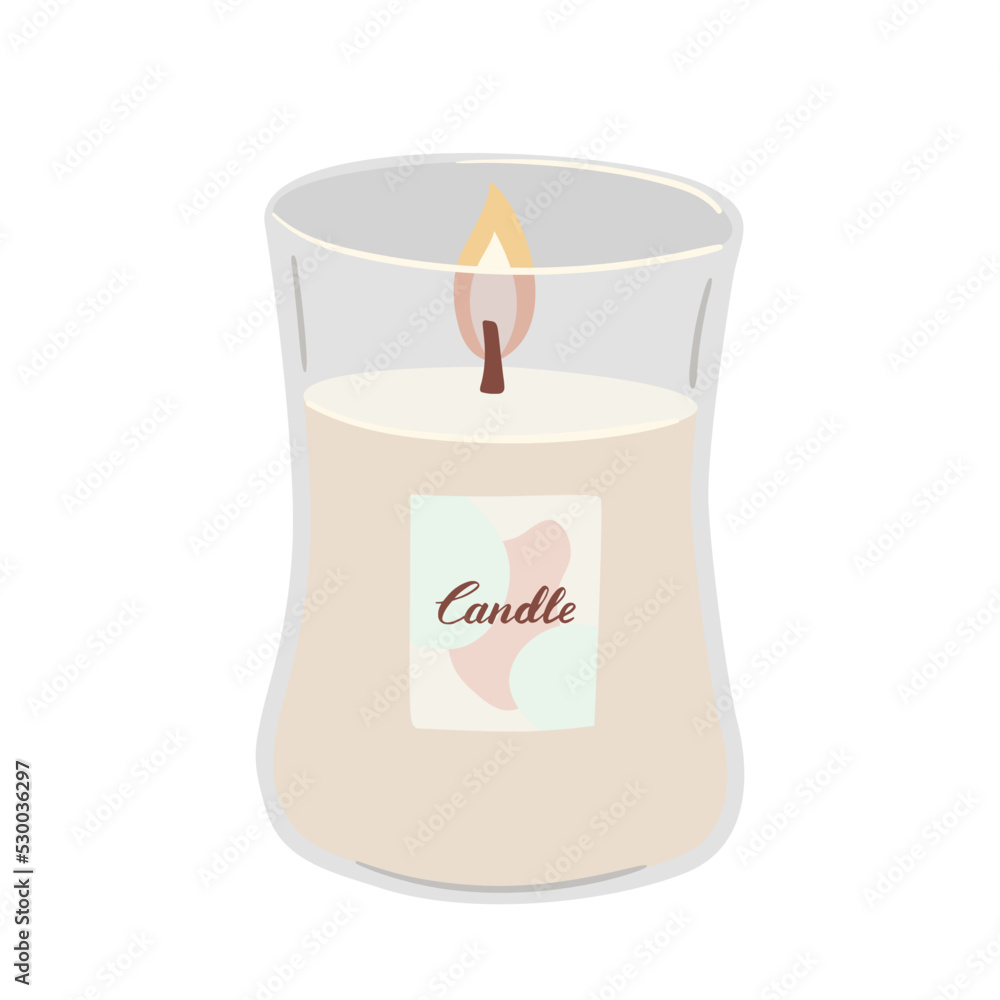 Hand drawn cozy burning candle in a glass jar isolated on white background. Aromatherapy flat vector illustration. Romantic atmosphere Hand drawn cozy burning candle in a glass jar isolated on white background. Aromatherapy flat vector illustration. Romantic atmosphere