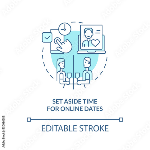 Set aside time for online dates turquoise concept icon. Long-distance relationship abstract idea thin line illustration. Isolated outline drawing. Editable stroke. Arial, Myriad Pro-Bold fonts used