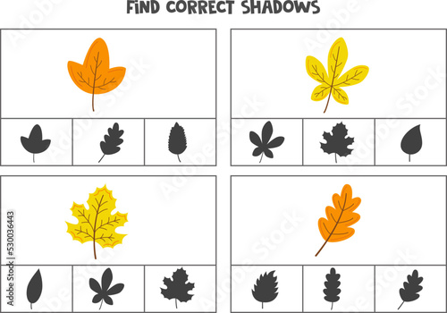 Find correct shadow of cute autumn leaves. Printable clip card games for children.