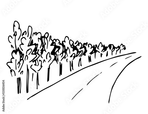 Simple hand-drawn vector drawing in black outline. Trees along the road. Trip and journey. Ink sketch.
