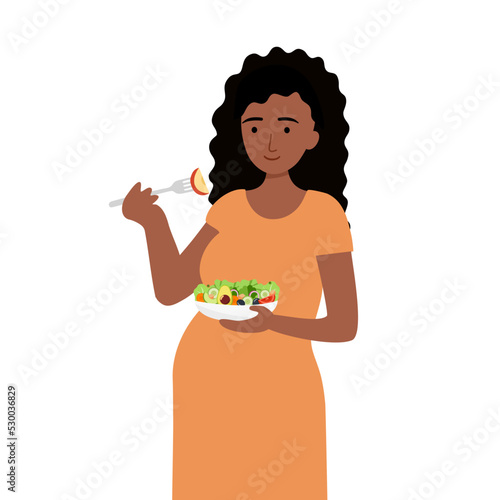 Pregnant black woman eating healthy food in flat design on white background.