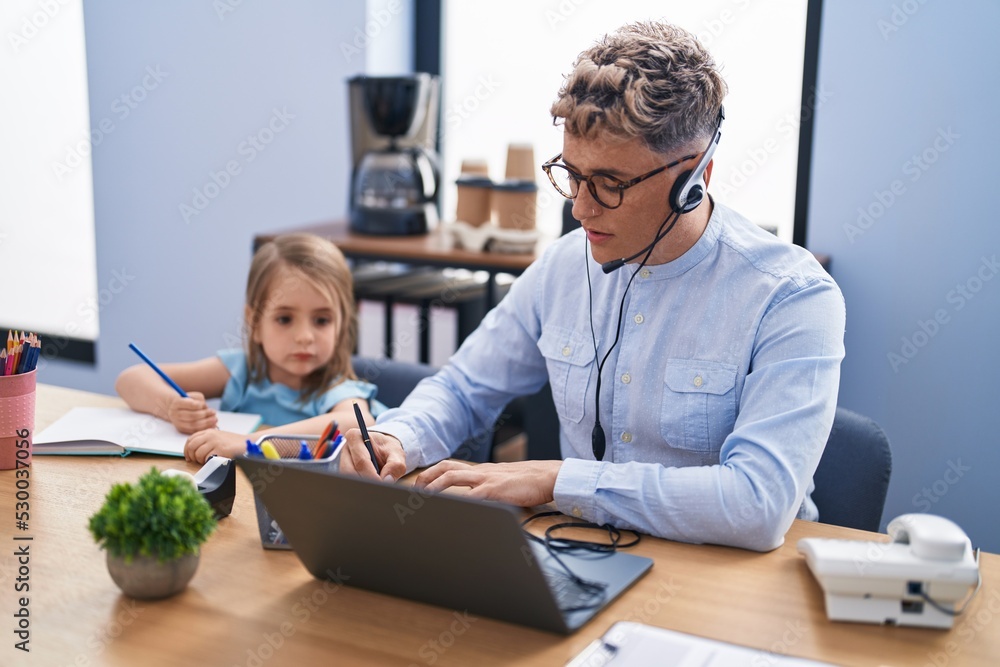 Father and daughter call center agent and student studying and working at office