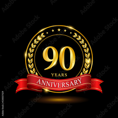 90 Years Anniversary template design, with shiny ring and red ribbon, laurel wreath isolated on black background, logo vector