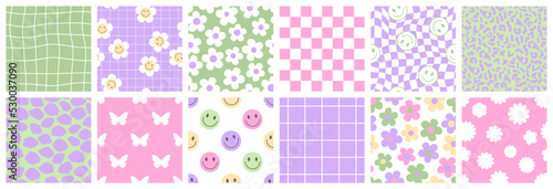 Y2k seamless patterns with butterfly, daisy, wave, chess, mesh, smile. Set of vector backgrounds in trendy retro trippy 2000s style. Lilac, pink and green color. Funny cute texture for surface design.