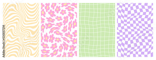 Y2k backgrounds. Waves, swirl, twirl pattern. Vector posters with daisy, chessboard, mesh. Twisted and distorted texture in trendy retro 2000s style. Lilac, pink and green color.