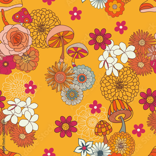 Retro Groovy Floral and Mushrooms Vector Seamless Pattern