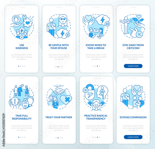 Repair relationship, marriage blue onboarding mobile app screen set. Walkthrough 4 steps editable graphic instructions with linear concepts. UI, UX, GUI template. Myriad Pro-Bold, Regular fonts used